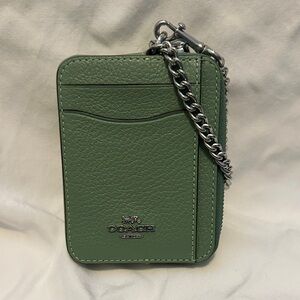 Coach Sage Green Leather Card Holder with Chain